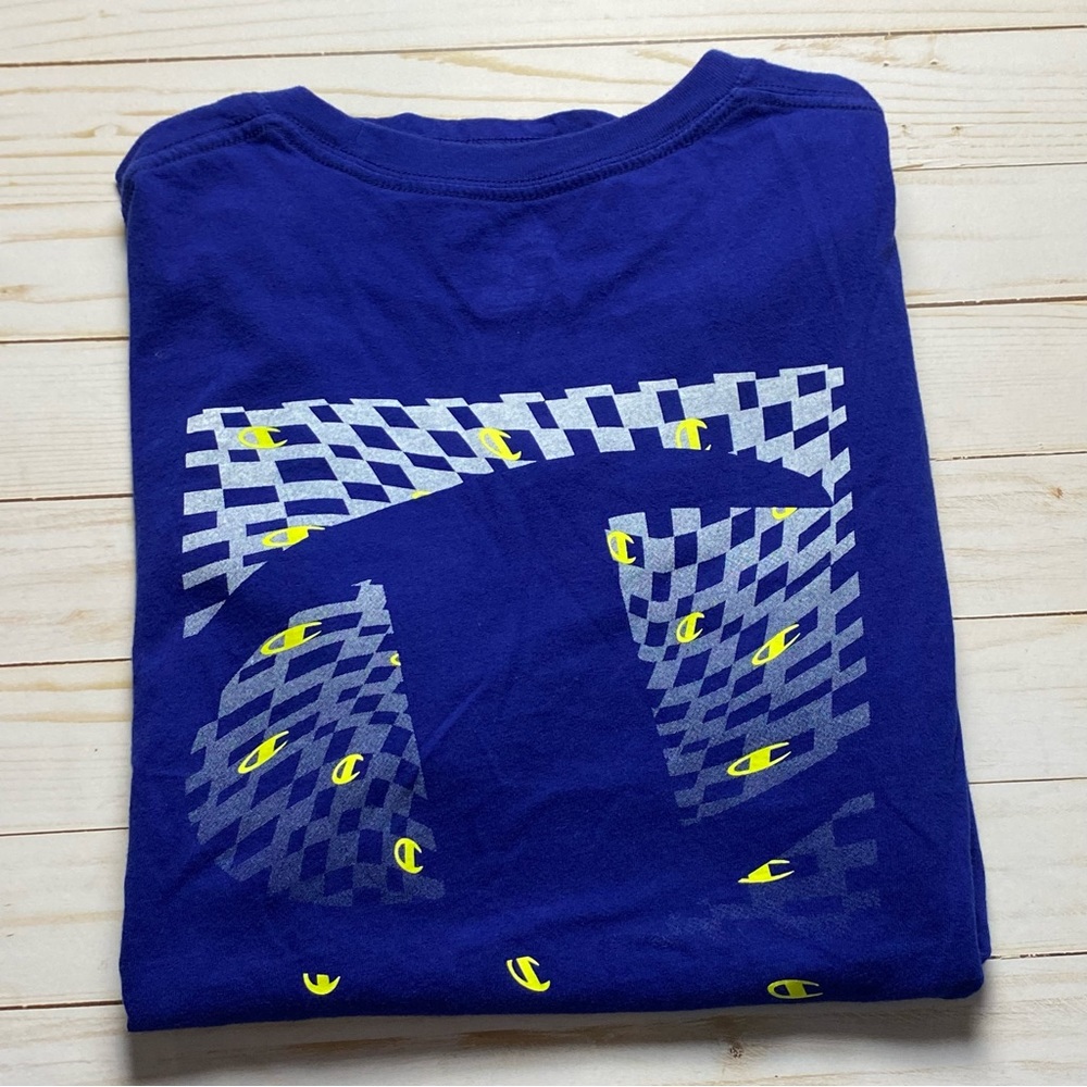 Men’s Blue Yellow Checkered Logo Tee Shirt Medium